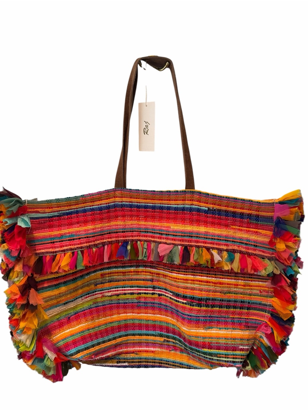 Raj Multicolor Woven Fringe Tote Bag Boho Festival Beach XL NWT